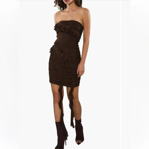 Rare London Ruched Mesh Bodycon Mini Dress Brown Size 8 NWT